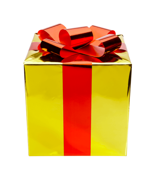 Boîte à cadeau dorée et ruban rouge à louer en Ile de France