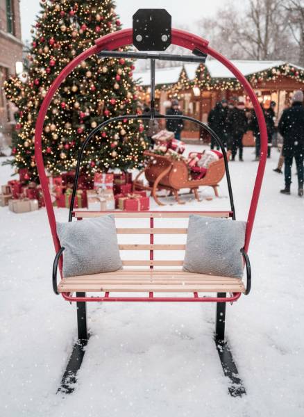 Décorer sa vitrine de Noël avec un mobilier hivernal tendance à Paris : le télésiège rouge 2 places